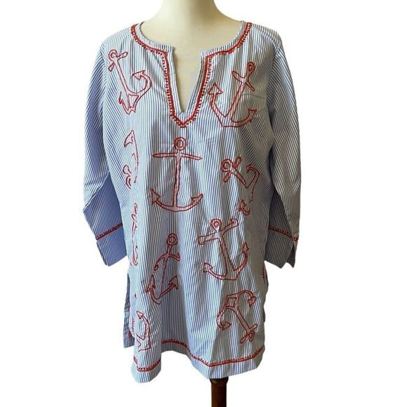 GRETCHEN SCOTT TUNIC SWIM COVERUP SAILOR NAUTICAL COASTAL GRANDMA NWT WOMENS M - Picture 2 of 13